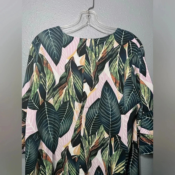 NWT Belongsci Green Tropical Floral Leaf Shift Dress XL Bell Sleeves Lined TWE - Picture 3 of 6